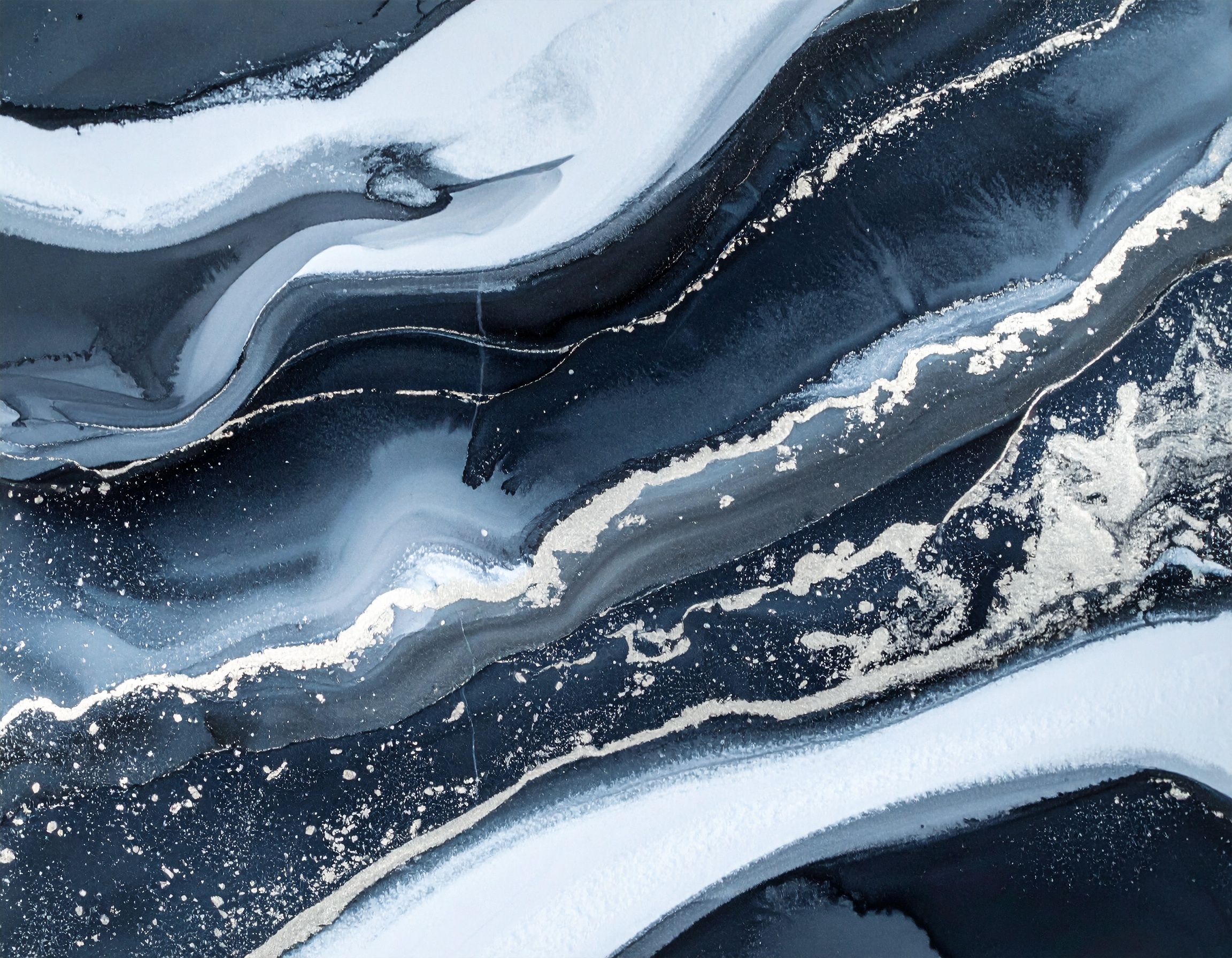 Firefly_Abstract, atmospheric winter scene with deep navy, silver, and grey tones. Snowy text 277833